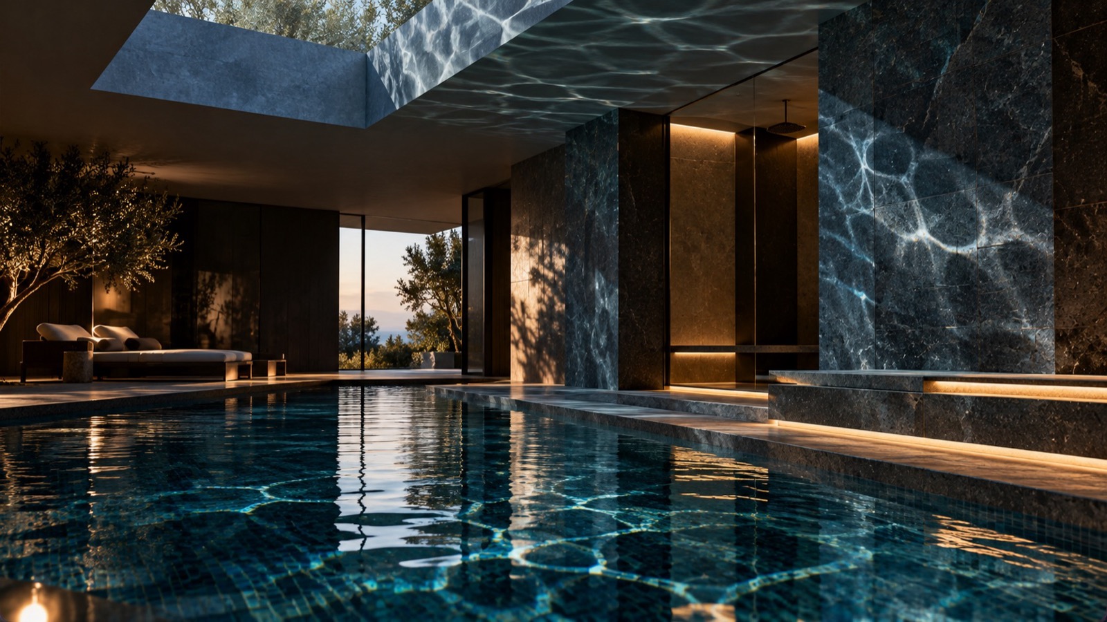 A moody indoor pool at dusk, stone walls and caustics across the ceiling.